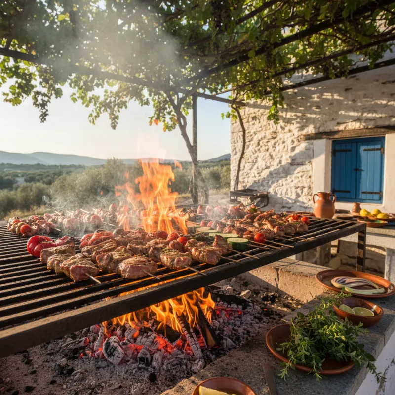 Meat and vegetables being grilled over open flame in traditional Greek style