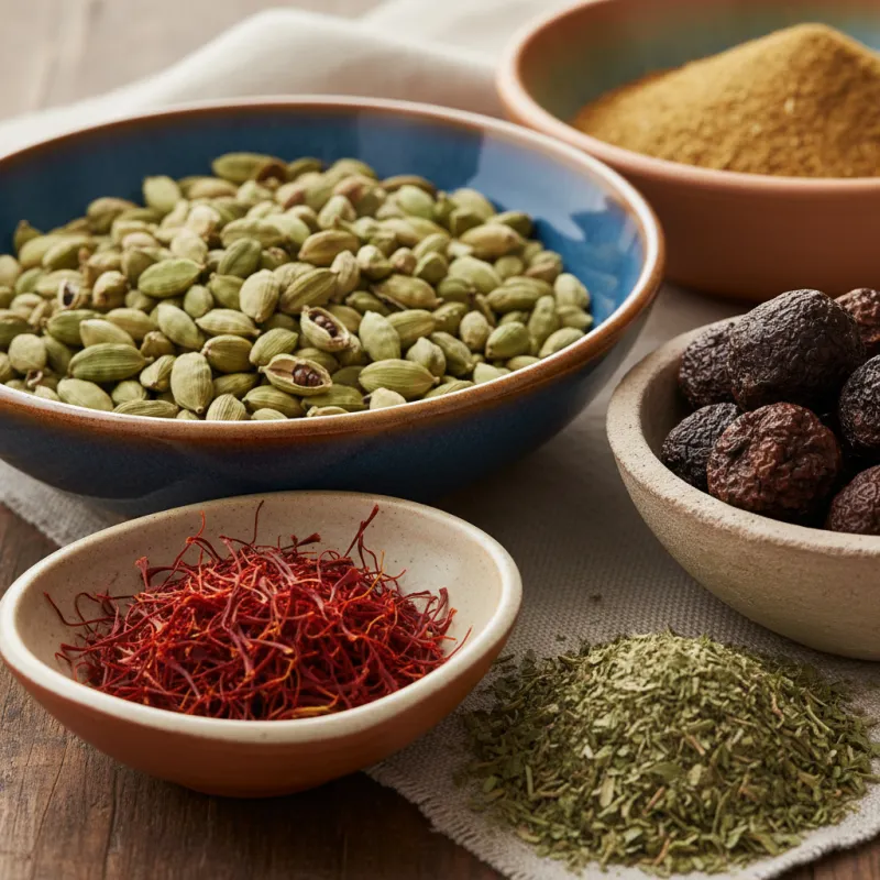 Fresh Mediterranean herbs and spices in ceramic bowls