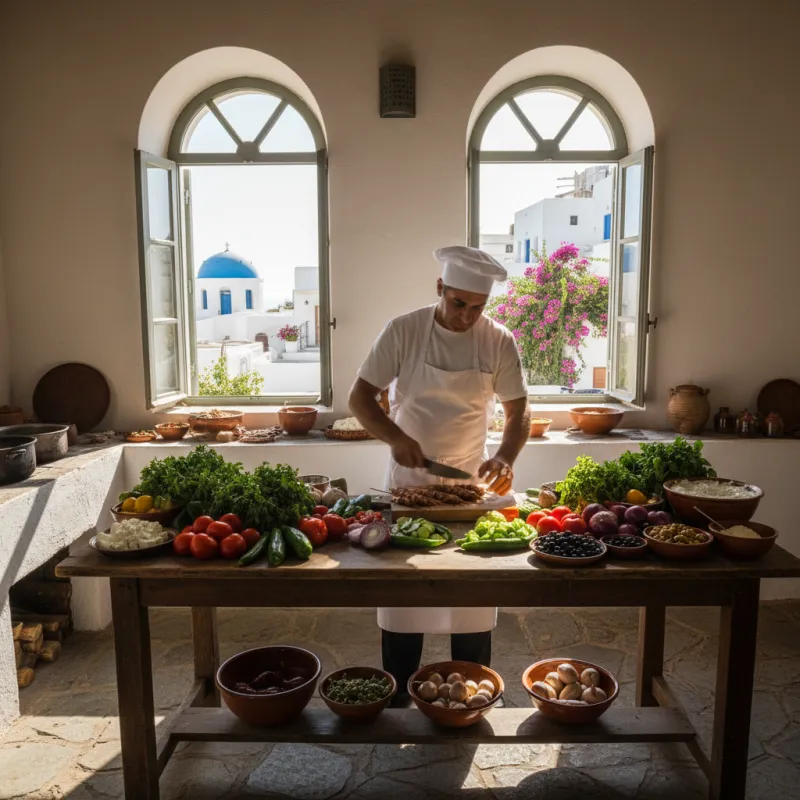 Chef preparing traditional Greek dishes in open kitchen with fresh ingredients