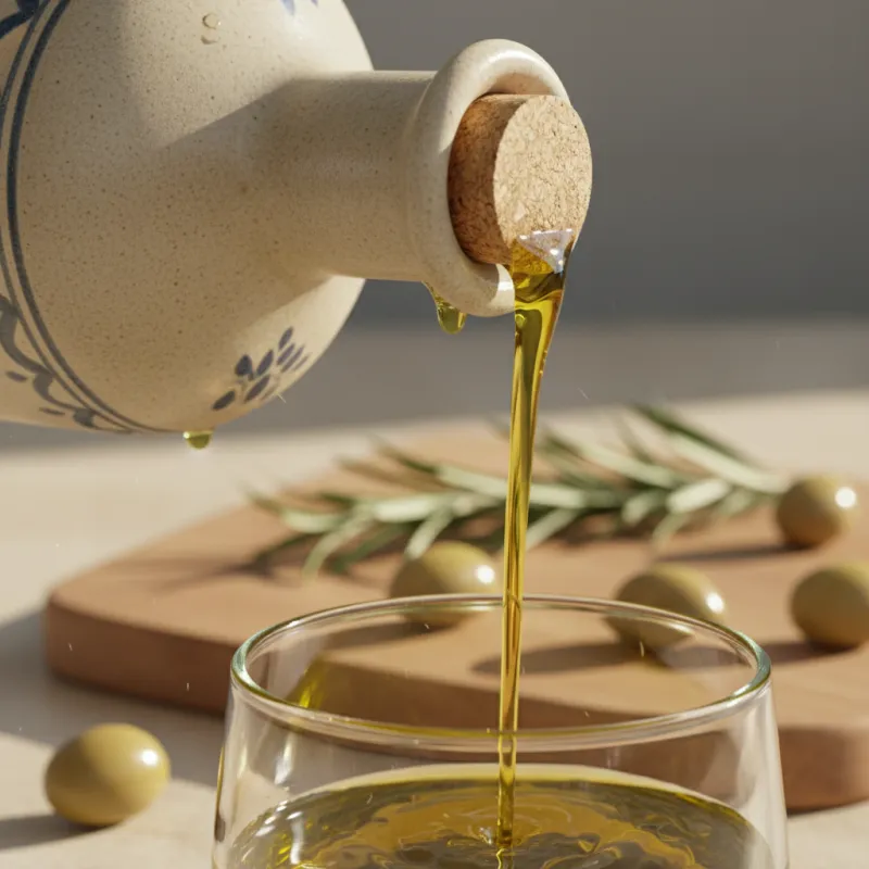 Premium extra virgin olive oil being poured from traditional Greek bottle