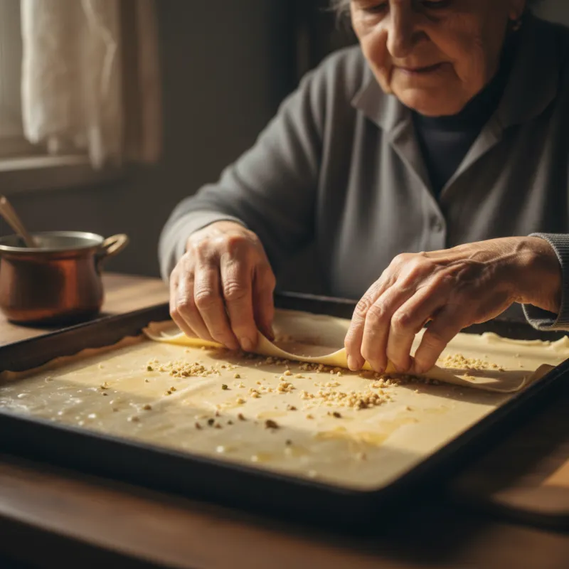 Hands preparing fresh phyllo dough for traditional Greek pastries
