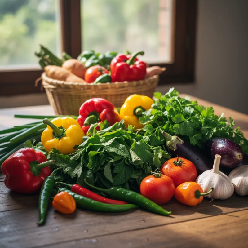 Fresh Mediterranean vegetables and herbs arranged on rustic wooden table