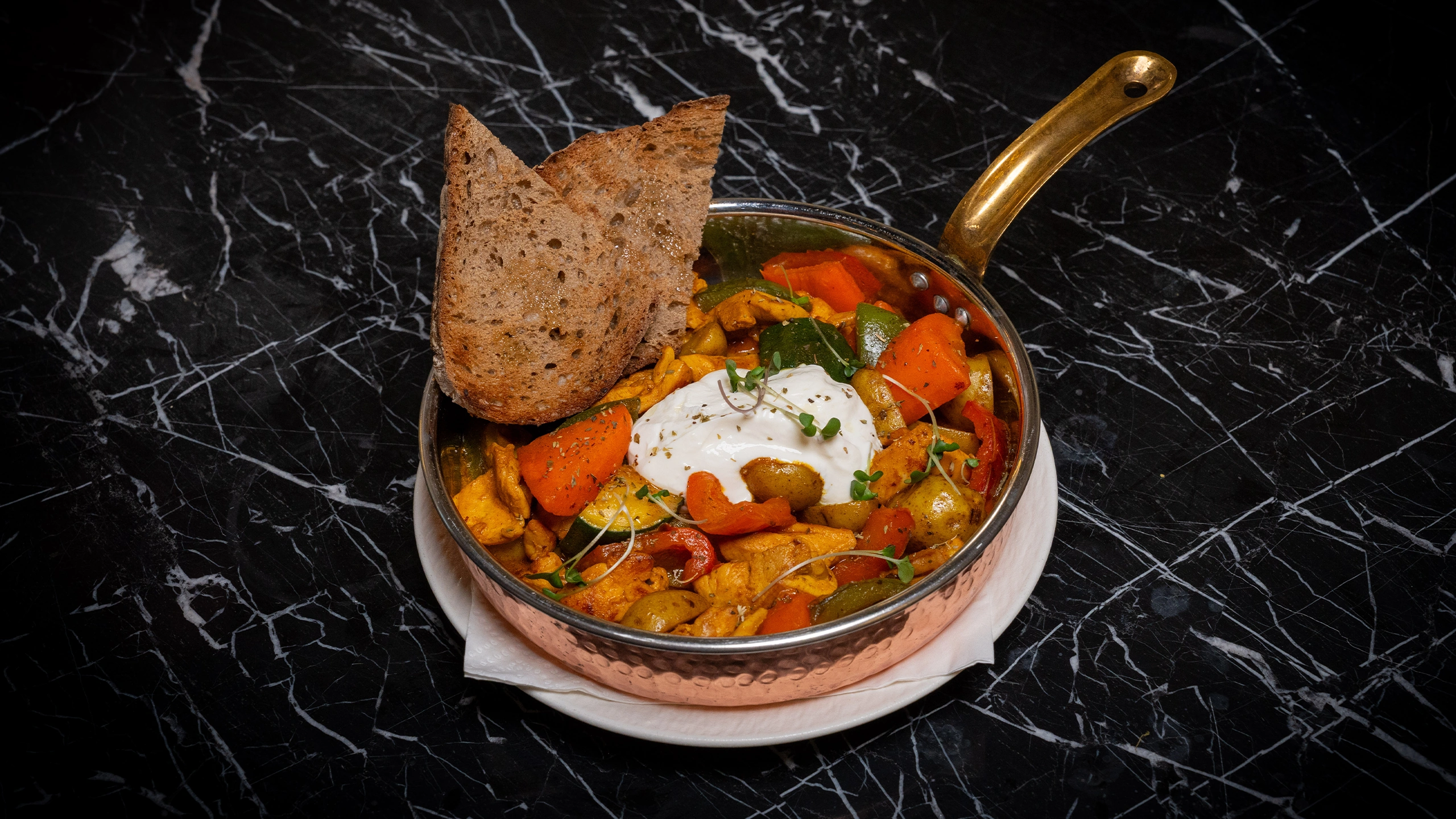 Chicken Tigania with Yogurt & Warm Sourdough